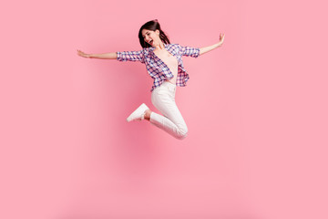Full length side profile body size photo yell amazing beautiful her she lady jump high sporty...