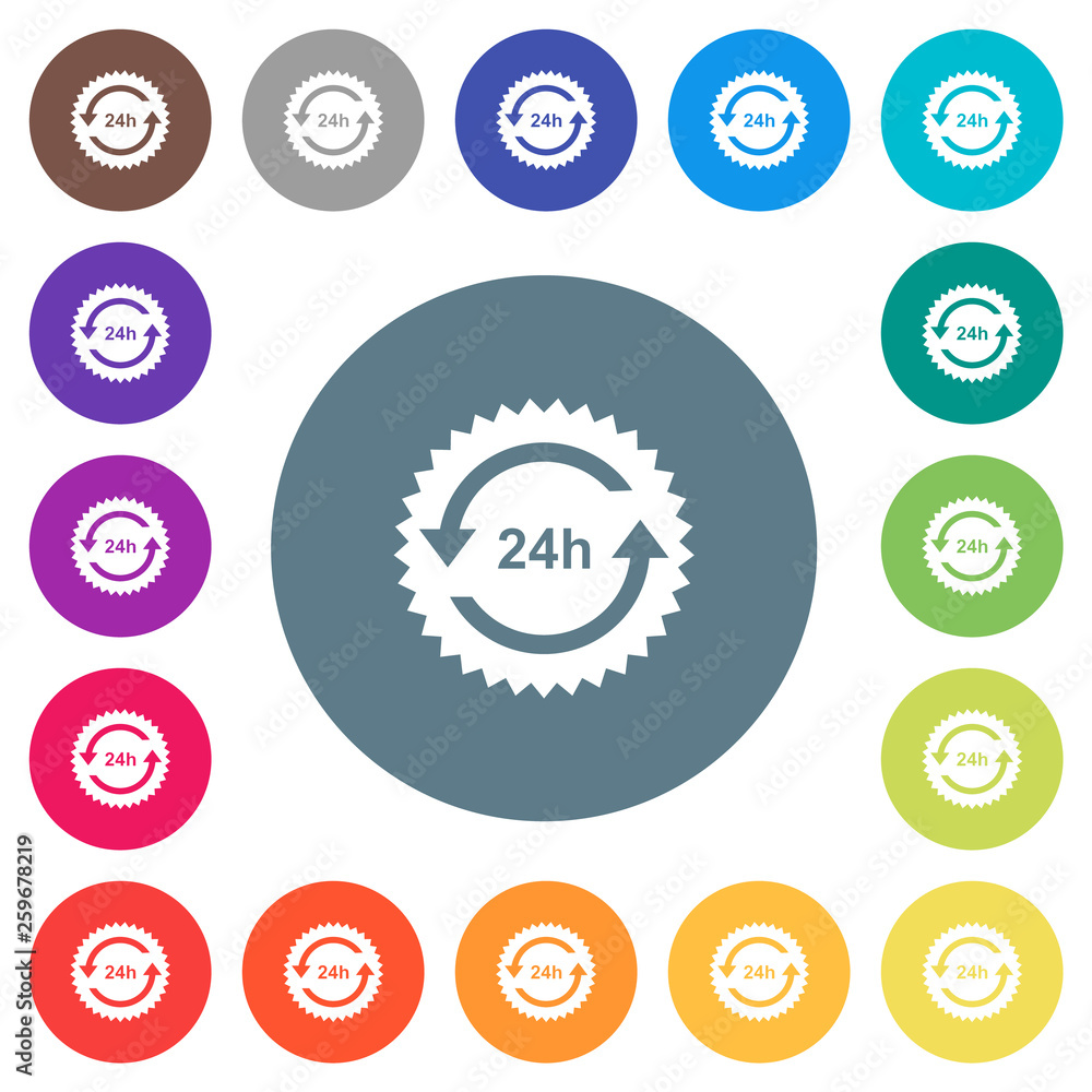 Poster 24 hours sticker with arrows flat white icons on round color backgrounds