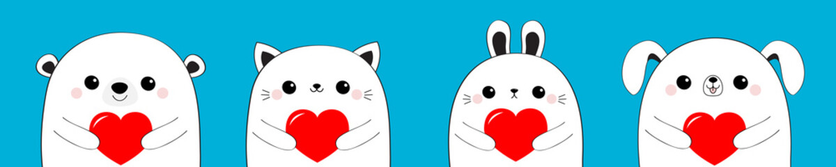 Happy Valentines Day. Cat kitten bear dog puppy rabbit hare face set holding red heart. Line contour silhouette Cute cartoon kawaii funny baby animal Flat design Love card Blue background