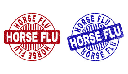 Grunge HORSE FLU round stamp seals isolated on a white background. Round seals with distress texture in red and blue colors. Vector rubber imitation of HORSE FLU text inside circle form with stripes.