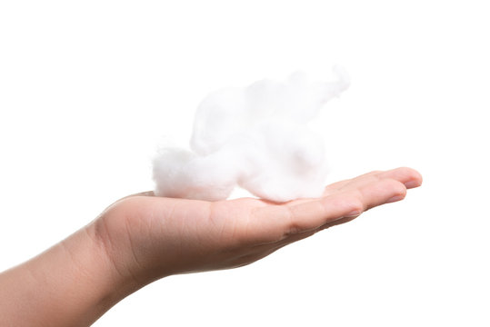 Girl Hand Hold Cotton Wool Isolate On White Background