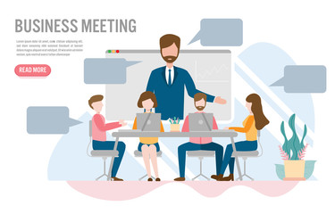 Video conference in the office concept with character.Creative flat design for web banner.