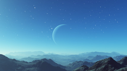 3d rendered Space Art: Alien Planet - A Fantasy Landscape with blue skies and stars © britaseifert