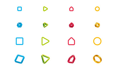 Geometric shapes, icons, elements, buttons for web sites, backgrounds and printing in 2D-3D