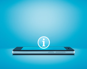 Information sign icon on modern smart mobile phone screen on wooden table over gradient light blue...