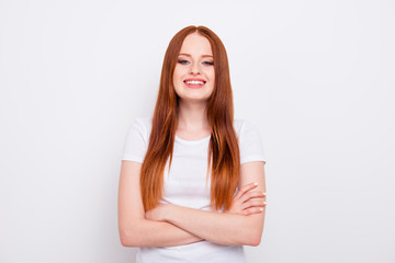 Close up photo amazing beautiful she her straight long hair arms crossed self-confident modern time...