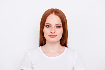 Fototapeta premium Close up photo beautiful amazing she her lady kindhearted overjoyed look wondered interested curious camera long straight hair wearing casual t-shirt outfit clothes isolated white light background