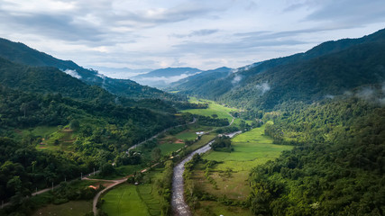 Rich forests Of rural villages and small river In Nan province, Thailand