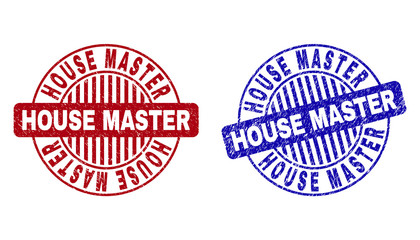 Grunge HOUSE MASTER round stamp seals isolated on a white background. Round seals with grunge texture in red and blue colors. Vector rubber overlay of HOUSE MASTER tag inside circle form with stripes.