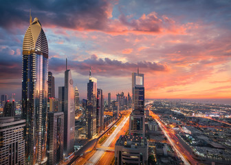 Skyline of downtown Dubai city with Sheikh Zayed Road