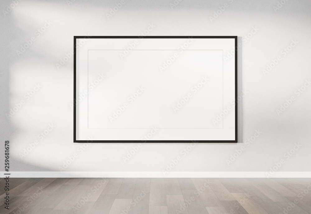 Poster black frame hanging on a wall mockup 3d rendering