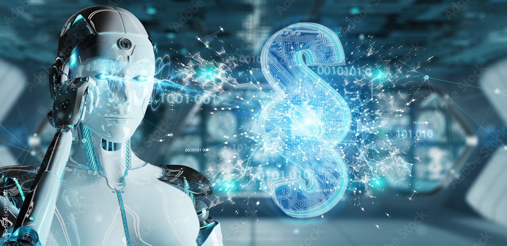 Poster cyborg judge using 3d rendering digital paragraph law symbol