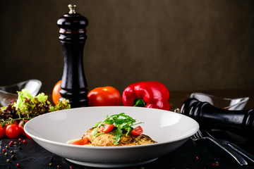 grilled chicken breast fillet with fresh vegetables, diet food