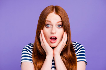 Close-up portrait of her she nice-looking attractive charming amazed lovely lady touching cheeks isolated over bright vivid shine violet background
