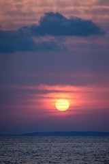 Sun rising above Kuril Islands, Russia, wallpaper, view from Hokkaido, Japan, Beautiful morning sunrise scene, sun above calm ocean,romantic mystic scene from nature,exotic adventure