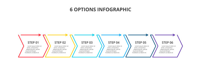 Thin line flat elements with arrows for infographic. Template for timeline or process chart with 6 steps