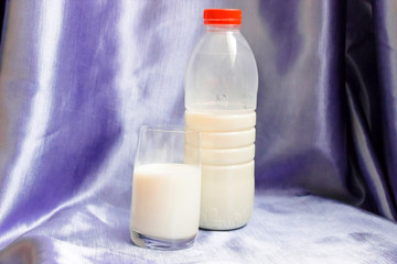 Bottle and glass of milk on blue background.