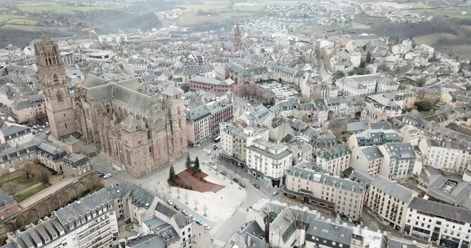 View from drone of town of Rodez with Cathedral of Notre-Dame, France