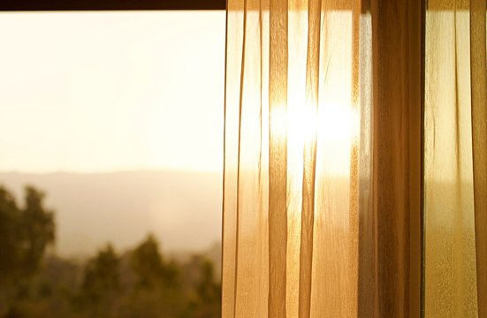 The light and shadow of morning climate on the inner silk blinder or curtain. The exotic light pass through the tree the shadow and light ray up on the scene. Morning background concept.Warm tone.