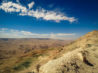 Scenic view of the desert landscape along the King's Highway, Jordan. View from top of the mountain.