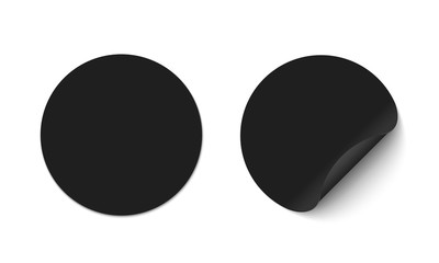 Fototapeta na wymiar Blank round black adhesive stickers mock up with curved corner. Mockup empty circle sticky label. 