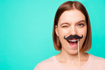 Close up photo beautiful funny funky her she lady short hairdo winking eye make moustache sure look...