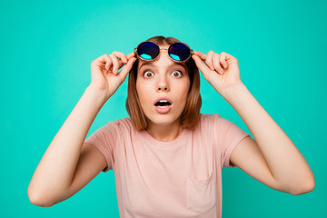 Close up photo beautiful funny funky her she lady take sunglass off oh no expression said wrong bad...