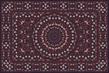 Vintage Arabic pattern. Persian colored carpet. Rich ornament for fabric design, handmade, interior decoration, textiles. Red background. - 259684058
