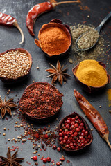 Wooden table of colorful spices