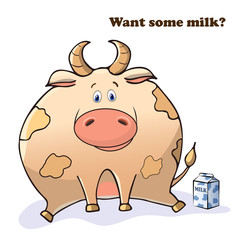 Vector funny animal. Thick cute cow with a box of milk. Postcard with a comic phrase. Cute fat animal. Isolated object on white background.
