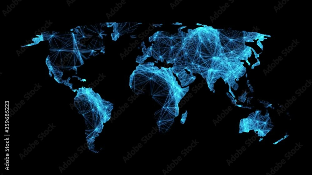 Poster 3d animation. dots connecting line, dots makes global world map, internet of things.2.