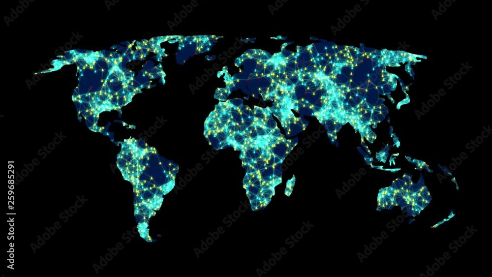 Poster 3d animation. dots connecting line, dots makes global world map, internet of things.2.