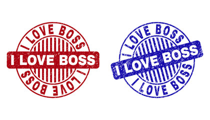 Grunge I LOVE BOSS round stamp seals isolated on a white background. Round seals with grunge texture in red and blue colors.