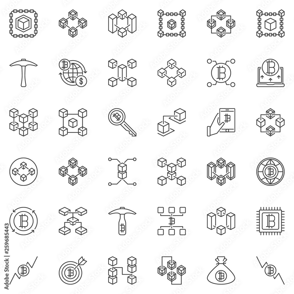 Aufkleber vector blockchain concept icons set in outline style on white background