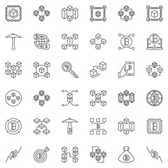 Vector Blockchain concept icons set in outline style on white background