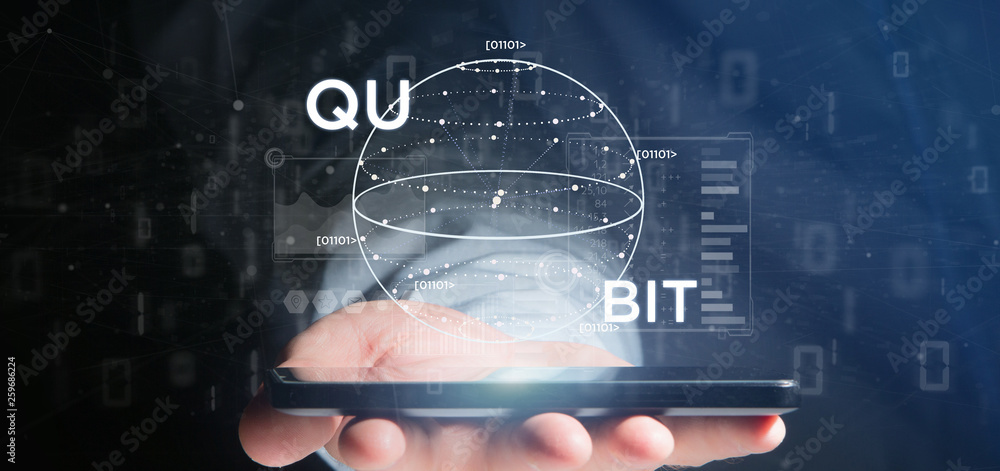 Poster businessman holding quantum computing concept with qubit icon 3d rendering