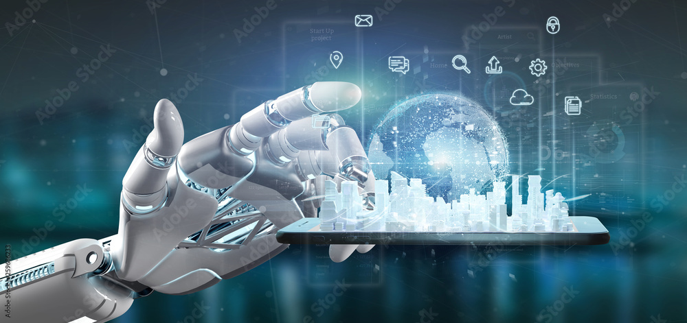 Poster cyborg hand holding smart city user interface with icon, stats and data 3d rendering