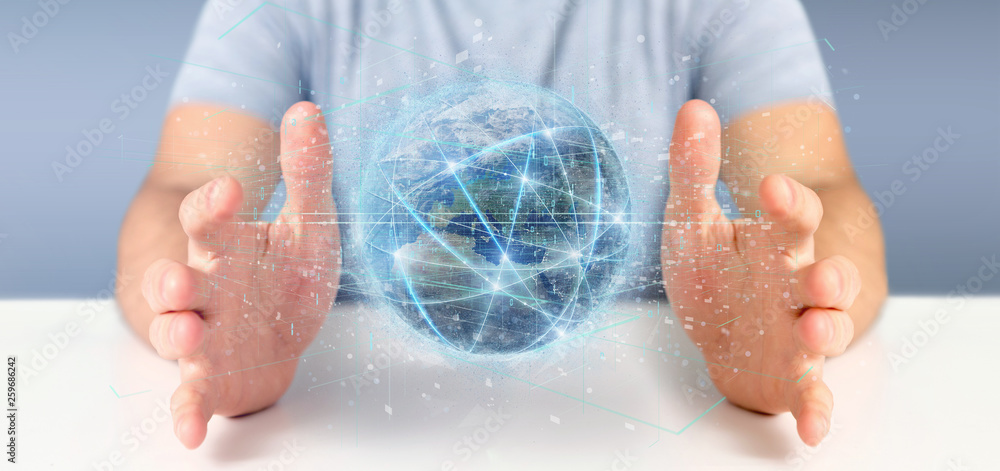 Poster man holding connection around a world globe isolated 3d rendering