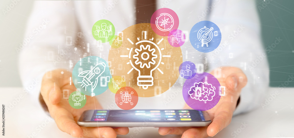 Poster cloud of colorfull start up icon bubble with data businessman holding a binary 3d rendering