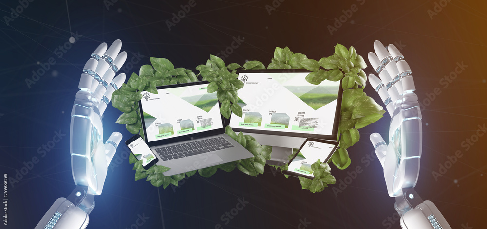 Poster cyborg holding a connected devices surrounding by leaves 3d rendering