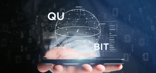 Businessman holding Quantum computing concept with qubit icon 3d rendering