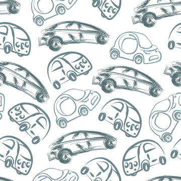 Black and white kids seamless pattern with hand drawn brush linear cars. Monochrome endless baby texture with self driving cars for pajamas, fabric, wrapping paper. Vector illustration