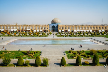 Panoramic landscape view of Naqsh-e Jahan Square or Meidan Emam. Isfahan, Iran.