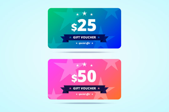 Two gift gradient style vouchers with 25 and 50 dollars value. Discount gift coupons, special offer vouchers, discount certificates in vector format.