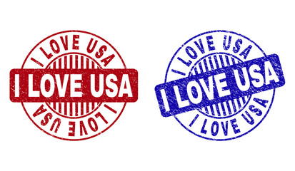 Grunge I LOVE USA round stamp seals isolated on a white background. Round seals with distress texture in red and blue colors. Vector rubber overlay of I LOVE USA tag inside circle form with stripes.