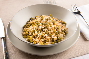 Bowl of traditional Risi e Bisi from the Veneto