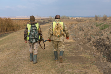 Hunters with a german drathaar and spaniel, pigeon hunting with dogs in reflective vests	