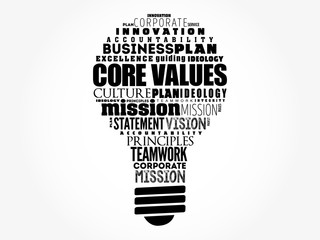 Core values light bulb word cloud collage, business concept background