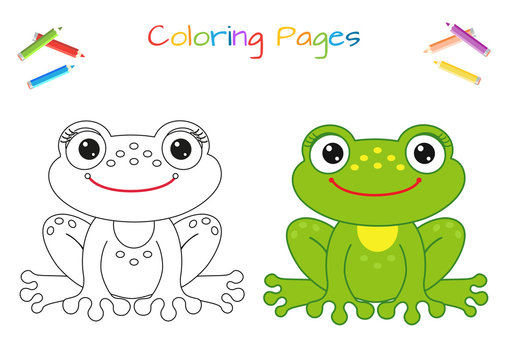 Funny little frog. Copy the picture. Coloring book. Educational game for children. Cartoon vector illustration