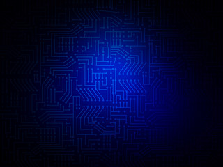 Circuit board on dark blue gradient mesh background. Electronic design, in middle light effect. Futuristic modern technology concept.